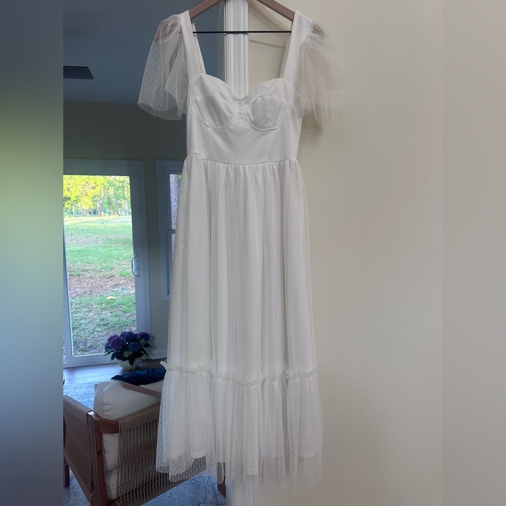 Lulu's White Midi Tulle Puff Sleeve Dress